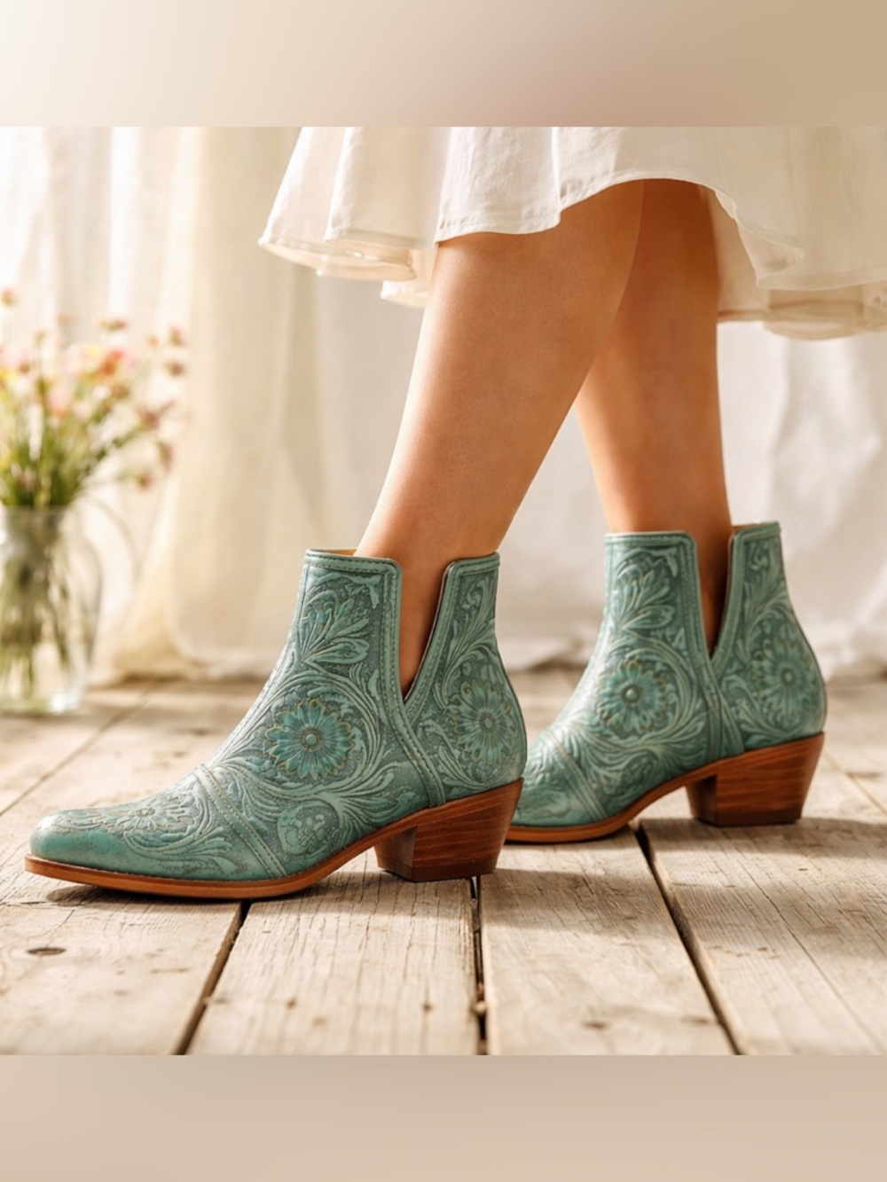 Myra Western Tooled Leather Booties Teal Ebony Cowgirl Ankle Boots Size 6 NWT